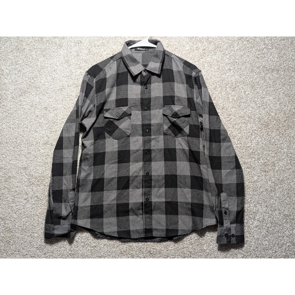 Men's Flannel Cotton Blend Plaid Button Down Shirt, Grays, Black Checkered Sz M